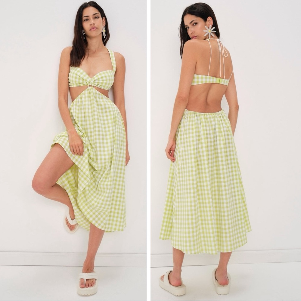 For Love & Lemons Maureen Midi Dress Size Small Neon Green Gingham Cut Out NWT - Picture 5 of 15